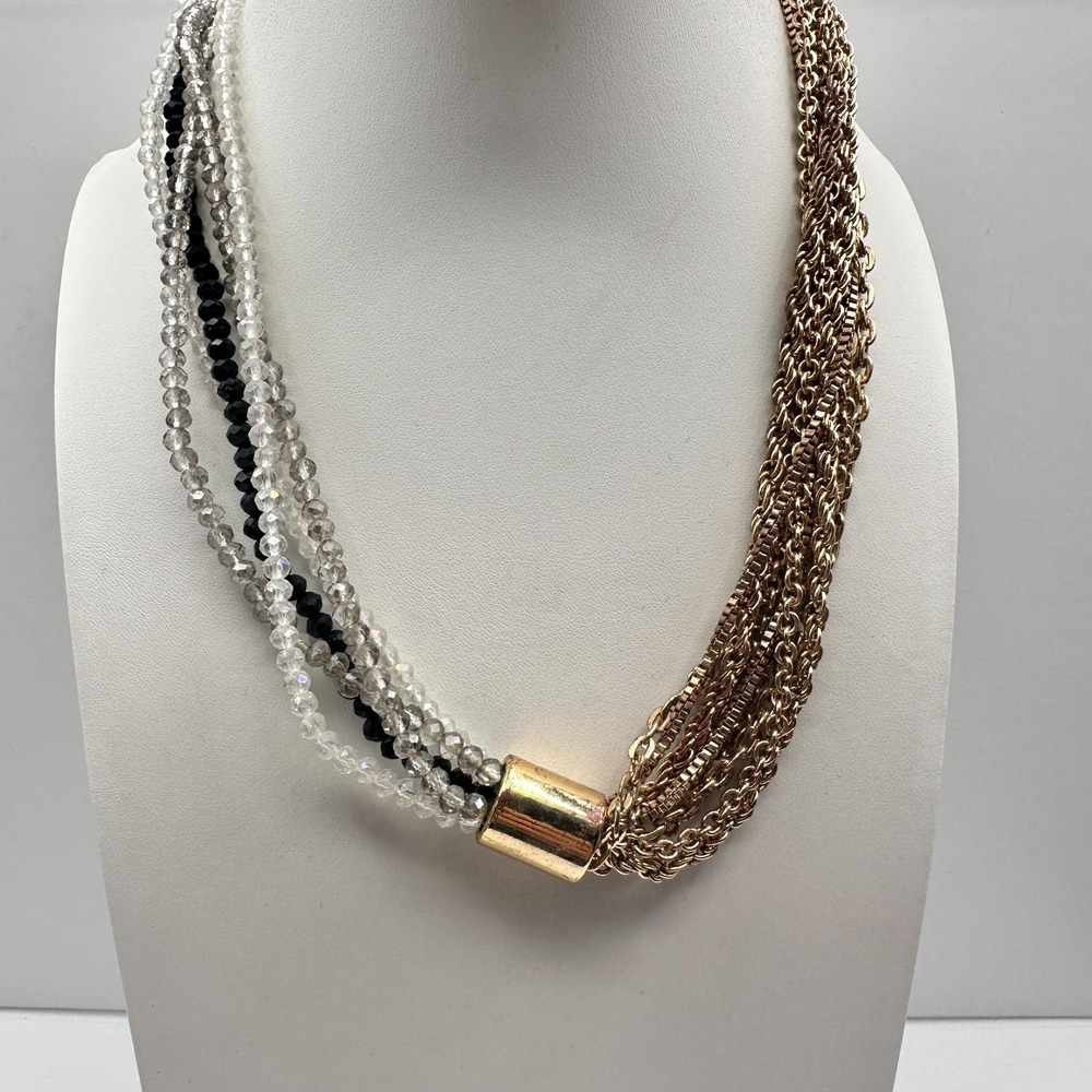 Vintage Y2K Gold Tone Multi Strand Collar Necklace with Crystal Beads